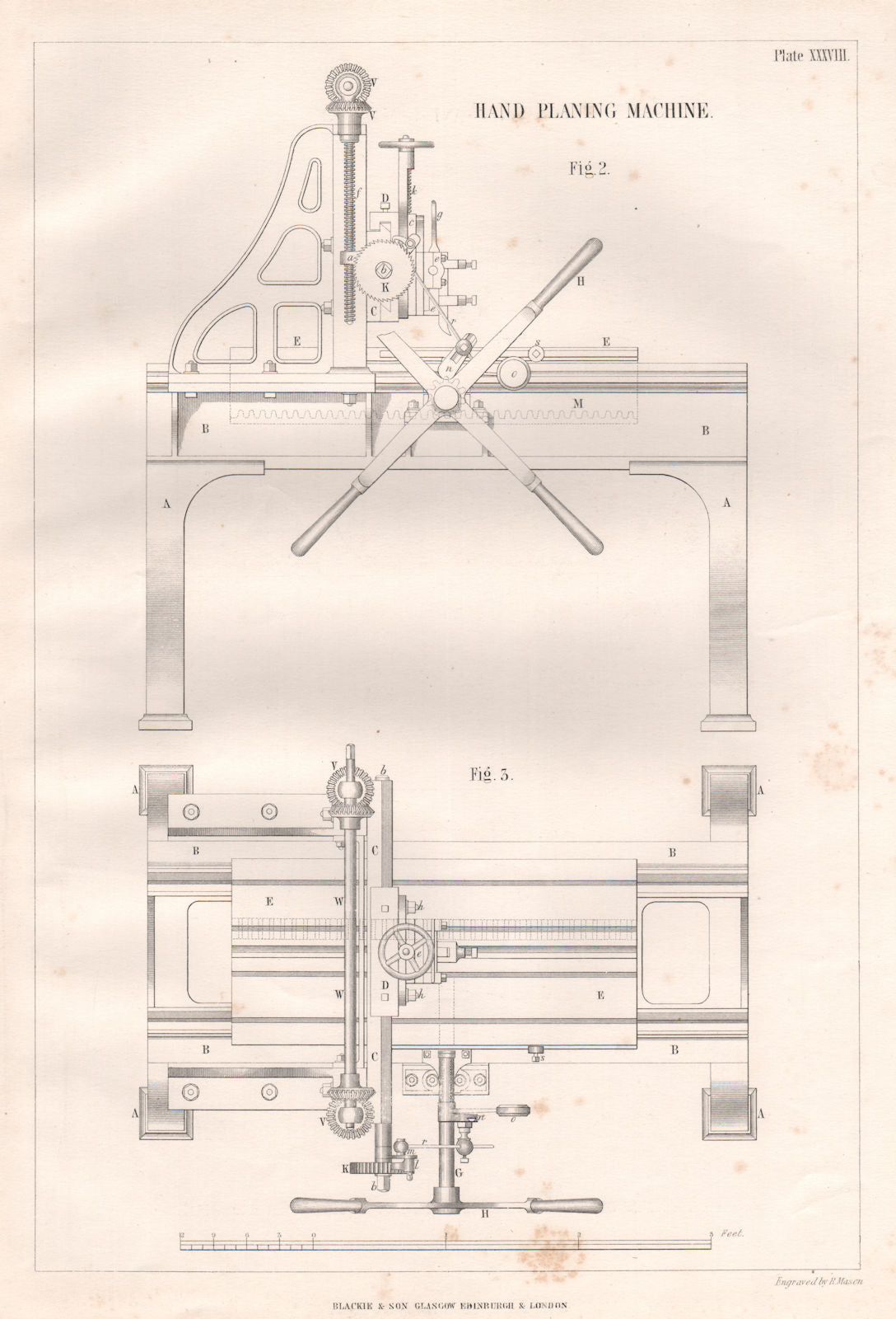 VICTORIAN ENGINEERING DRAWING. Hand planing machine. Fig 2 1847 old print